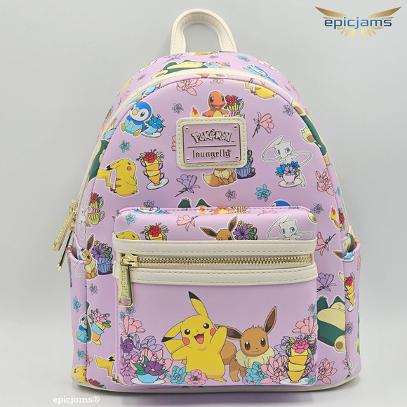 Loungefly Pokemon Pikachu And Eevee Pink Floral Teacups AOP Mini Backpack Bag - Picture 1 of 5